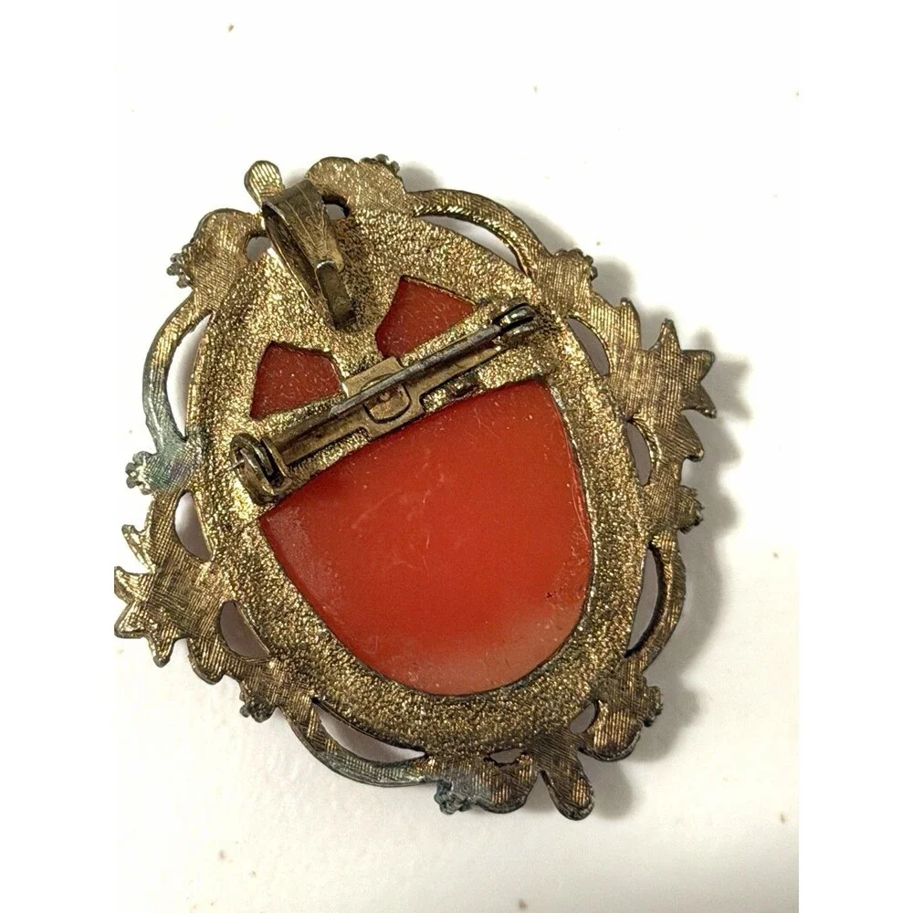 VTG Brooch Pendant Cameo Victorian French Lady Carved Bakelite Celluloid 3” L